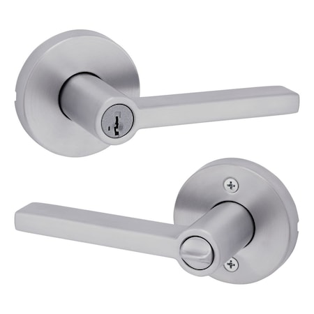 Kwikset Halifax Lever with Round Rose Entry Door Lock SmartKey with 6AL Latch, RCS Strike Satin Chrome Finish 740HFLRDT-26DS